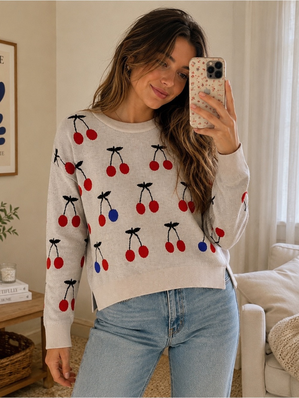 Madewell Cherry Sweater S Jacquard Knit Cream Red Pullover